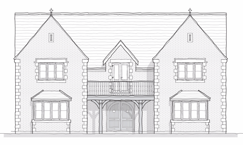 Architects elevation detail, architect designed individual exclusive home new build, planning squiggled elevation drawing
